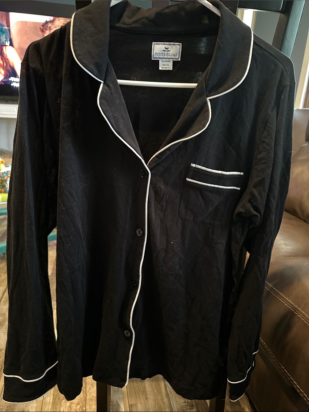 Pointe Plume Black Piped Long-Sleeve Button Pajama Top